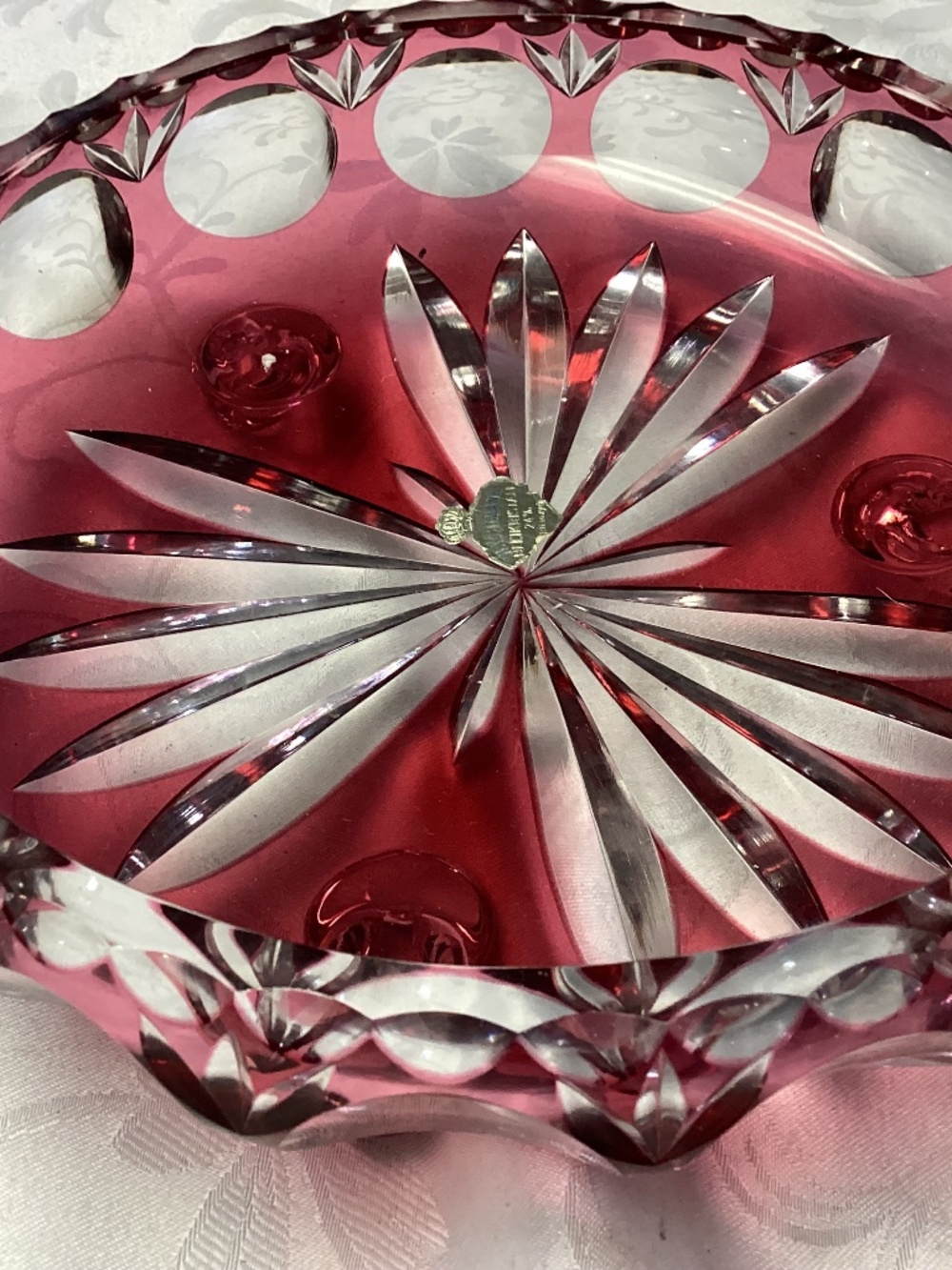 NAUCHTMANN RUBY RED ROUND DISH. WITH FEET NEW OLD VINTAGE